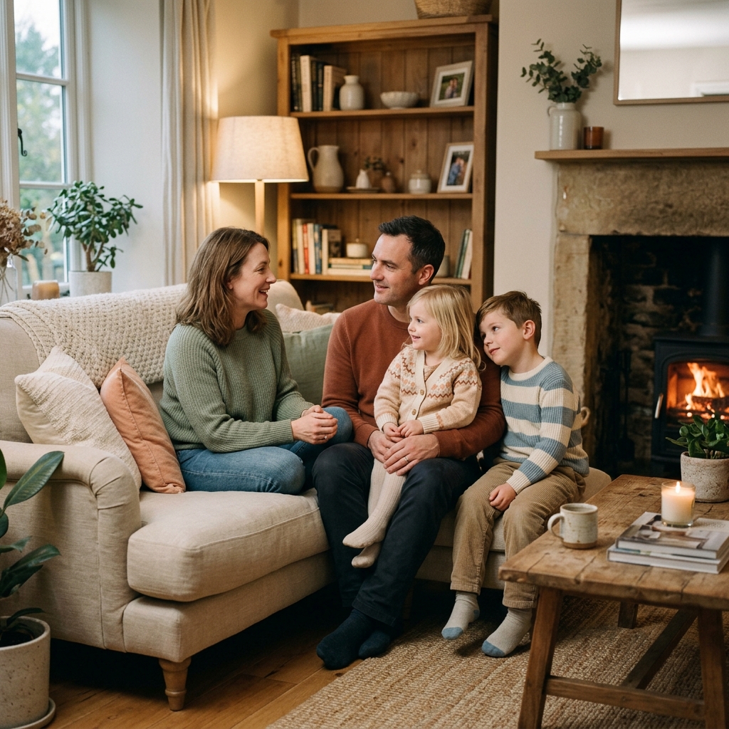 Family sitting warmly